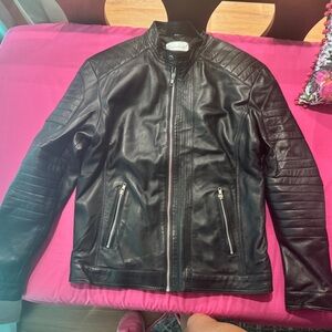 NEW Decimal Saks 5th Ave Men’s Black Leather Jacket Coat Zipper Pockets Large